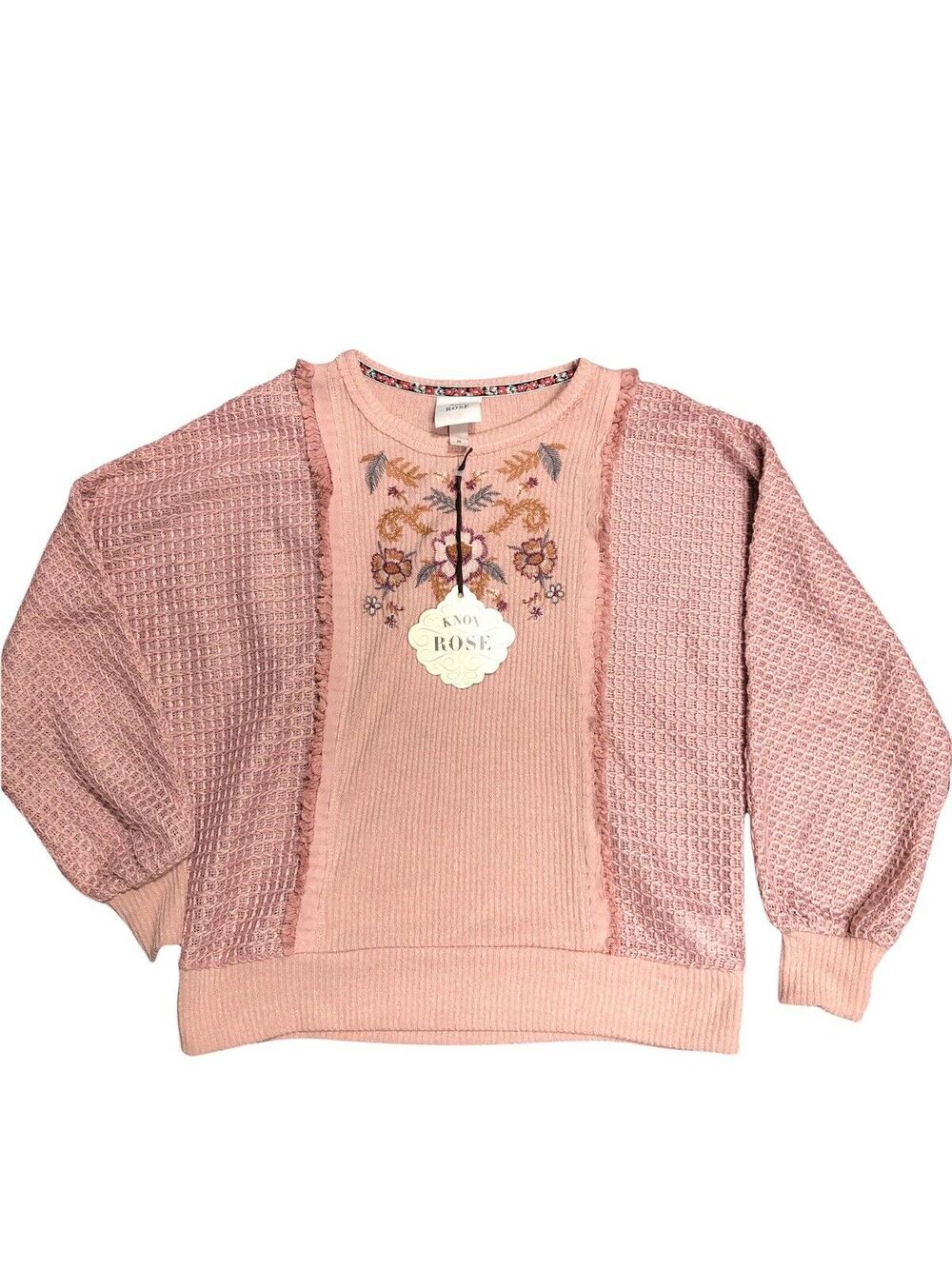 Knox Rose Pink Floral Embroidered Dolman Sleeve Boho Top Sz M